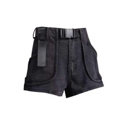 Design black jeans with large pockets, custom-made women's clothing in summer, high waist and slim, casual wide-leg pants, fashion decorative belt SKJN030 Design black jeans with large pockets, custom-made women's clothing in summer, high waist and slim, casual wide-leg pants, fashion decorative belt SKJN030